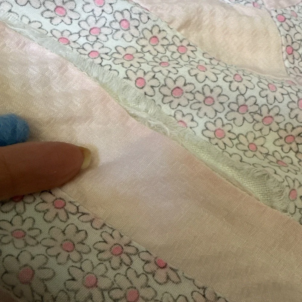 Vintage Handmade Patchwork Quilt Blue Pink Floral Calico Tied Baby Blanket 35x48